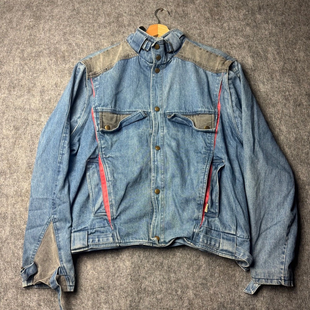 Urban Equipment Denim Moto Jacket Blue Red Panel Y2K Snap Front Racing Style